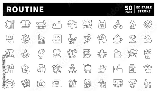 Routine related icon set. Routine vector icons in line style. Routine icons set. Lifestyle related icons