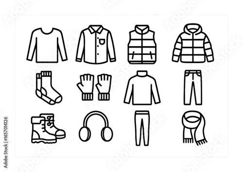 Warm Layering Icons. Outline icon set of layering for cold days: thermal top, flannel shirt, quilted vest,