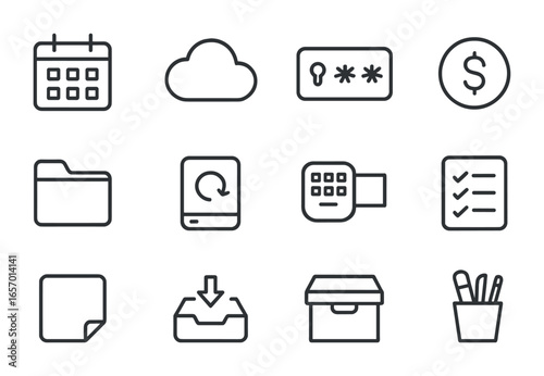 Digital Organizer Icons. Outline icon set of digital home organization: calendar app, cloud storage, password