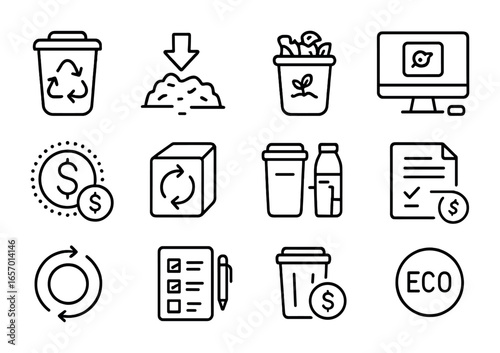 Waste Management Icons. Outline icon set of waste management tax credits: recycling bin, landfill reduction,