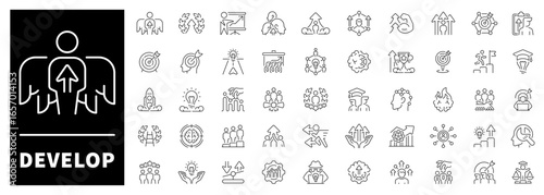 Development, progress, develop, upgrade icons collection. Develop vector icons in line style.