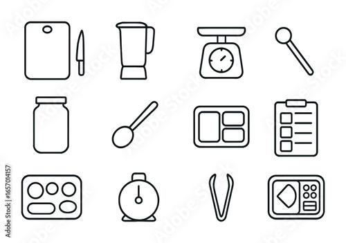 Snack Prep Tools. Outline icon set of snack prep tools: chopping board, small knife, blender cup, portion