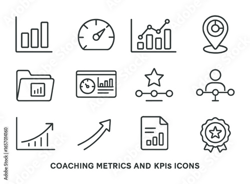 Coaching Metrics Icons. Outline icon set of coaching metrics and KPIs: bar graph, performance dial, analytics