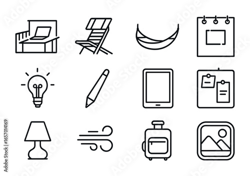 Creative Work Setup Icons. Outline icon set of creative work-from-anywhere setup: rooftop desk, beach chair,
