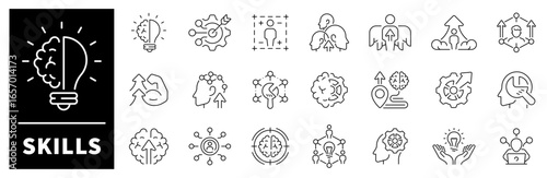 Set of line icons related to upskill, upskilling, personal growth, development, education, career. Skills vector icons in line style. Skill upgrade related icons set.