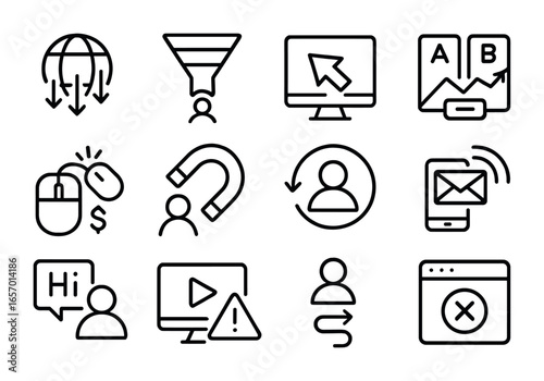 Customer Acquisition Icons. Outline icon set of customer acquisition problems: low traffic, conversion funnel,