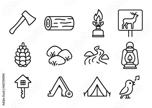 Forest Camping Icons. Outline icon set of forest camping and cabin travel: axe, tree log, camp stove, wooden