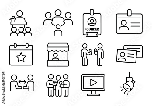 Startup Event Icons. Outline icon set of startup networking and events: pitch night, startup meetup, founder