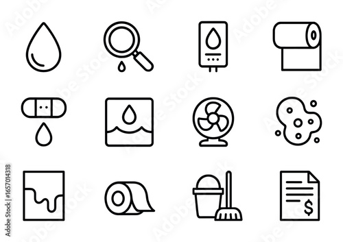 Water Leak Repair Icons. Outline icon set of water leakage and repair: drip icon, crack detection, moisture