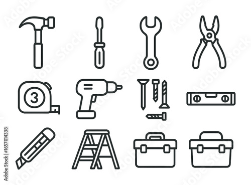 Home Tools Icon Set. Outline icon set of home tools for moving: hammer, screwdriver, wrench, pliers, measuring