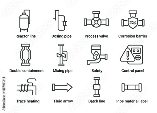 Chemical Plant Icons. Outline icon set of chemical plant piping: reactor line, dosing pipe, process valve,