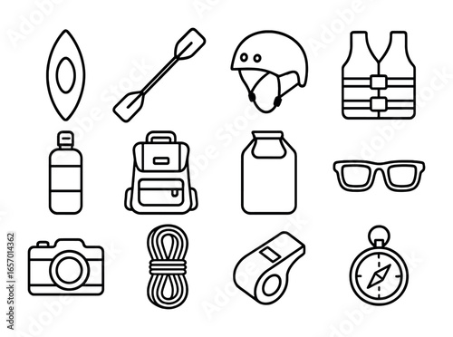 Kayaking Adventure Icons. Outline icon set of kayaking adventure: kayak, paddle, helmet, life jacket, water