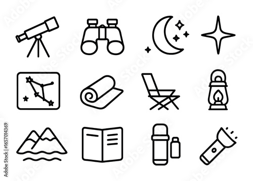 Stargazing Night Icon Set. Outline icon set of stargazing night stop: telescope, binoculars, moon, star,