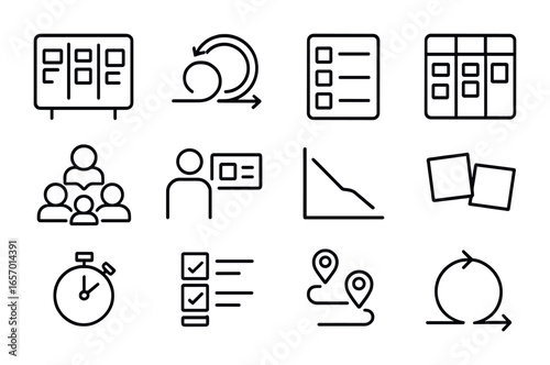 Agile Project Icon Set. Outline icon set of agile project management: scrum board, sprint cycle, backlog list,