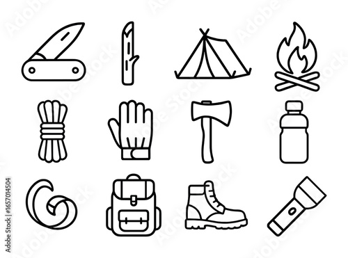 Bushcraft Whittling Icons. Outline icon set of bushcraft whittling: pocket knife, stick, tent, campfire, rope,