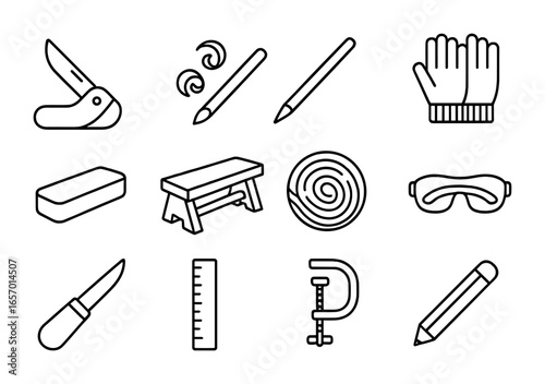 Whittling Tools Icons. Outline icon set of whittling a stick: pocket knife, wood shavings, stick, carving