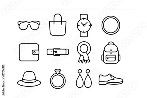 Accessory Icon Set. Outline icon set of everyday fashion accessories: sunglasses, tote bag, watch, bracelet,
