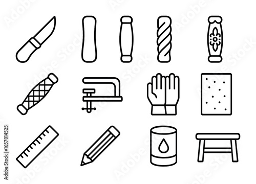 Decorative Handle Icons. Outline icon set of carving decorative handles: carving knife, stick handle, spiral