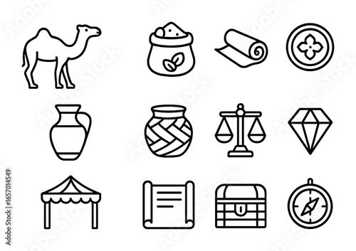Silk Road Icons Grid. Outline icon set of Silk Road trade: camel, spice sack, silk roll, coin, pottery, basket