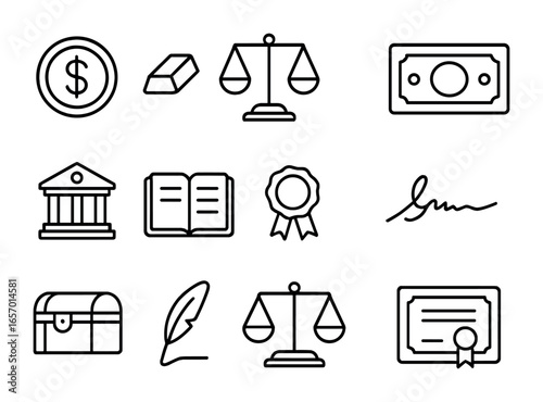 Gold Standard Icons. Outline icon set of gold standard era: gold coin, gold bar, scale, banknote, bank