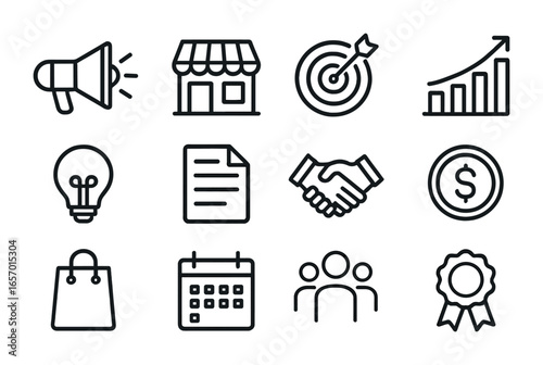 Local Business Icon Set. Outline icon set of local business marketing: megaphone, store, target, chart, light