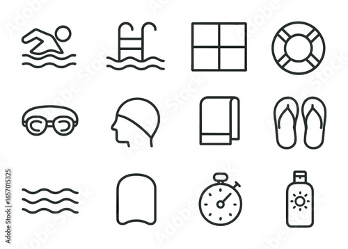 Pool Equipment Icons. Outline icon set of swimming in a pool: swimmer, ladder, pool tiles, lifebuoy, goggles,