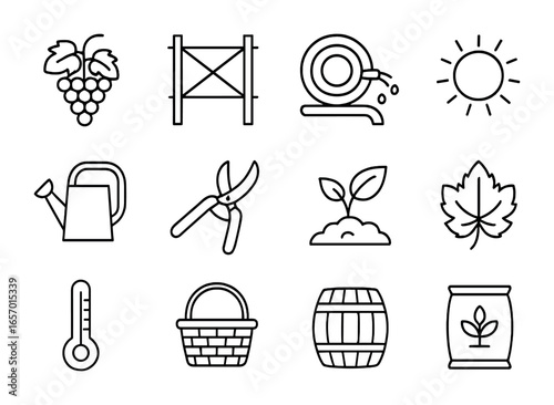 Vineyard Icon Set. Outline icon set of vineyard climate adjustment: grapevine, trellis, irrigation hose,