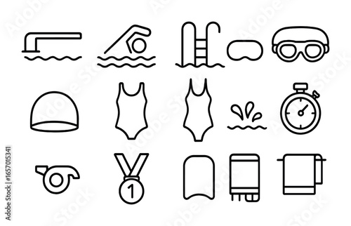 Diving Activity Icons. Outline icon set of diving activities: diving board, swimmer, ladder, goggles, swim cap