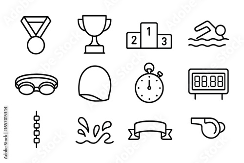 Swimming Awards Icons. Outline icon set of pool competition awards: medal, trophy, podium, swimmer, goggles,