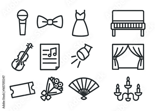 Classical Singers Icon Set. Outline icon set of classical singers: microphone, bow tie, gown, piano, violin,