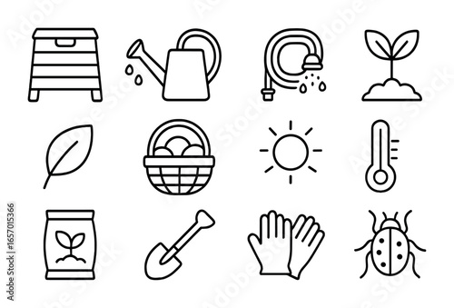 Organic Farming Icons. Outline icon set of organic fruit cultivation: compost bin, watering can, irrigation