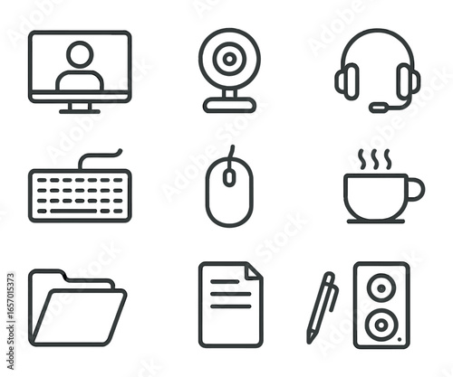 Online Meeting Essentials. Outline icon set of online meetings on desktop: monitor, webcam, headset, keyboard,