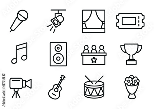TV Talent Show Icons. Outline icon set of TV talent show singers: microphone, spotlight, stage, ticket, music