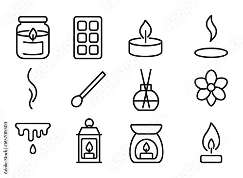 Scented Candle Icons. Outline icon set of scented candles: jar candle, wax melt, tea light, flame, smoke curl,