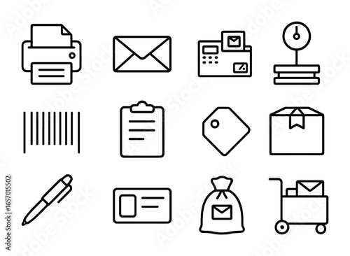 Mailroom Icon Set. Outline icon set of mailroom equipment: printer, envelope, postage meter, scale, barcode,