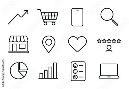 Consumer Journey Icons. Outline icon set of consumer journey mapping: path arrow, shopping cart, smartphone,