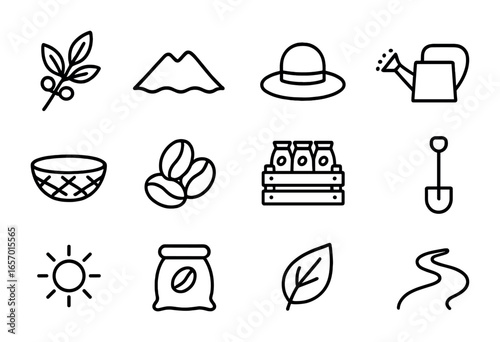 Coffee Plantation Icons. Outline icon set of remote coffee plantations: coffee branch, mountain range, farmer