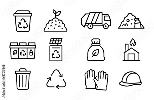 Waste Management Icons. Outline icon set of waste management solutions for remote areas: recycling bin,