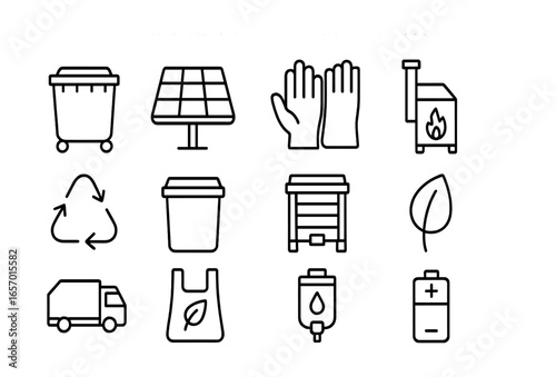 Portable Waste Treatment Icons. Outline icon set of portable waste treatment systems: waste container, solar