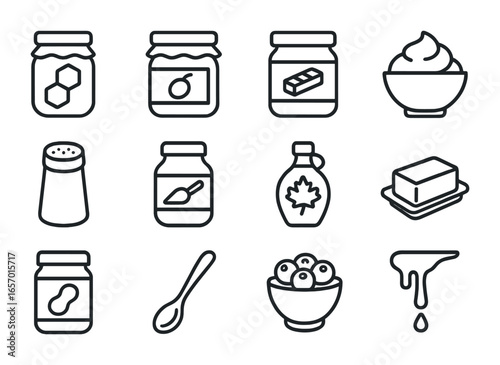 Sweet Spread Icons. Outline icon set of sweet spreads and toppings: honey jar, jam jar, chocolate spread,