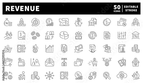Revenue icons set. Outline revenue icons. Revenue vector icons in line style