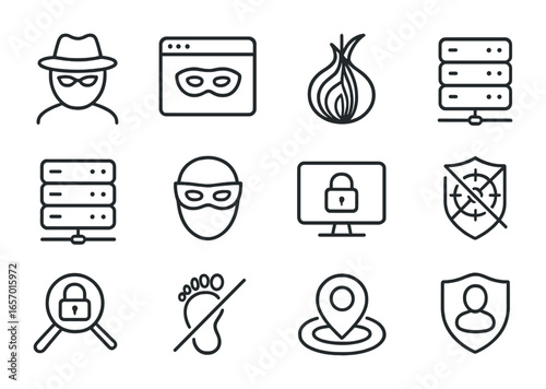 Privacy Tools Icons. Outline icon set of anonymous browsing tools: masked profile, private browser tab, onion