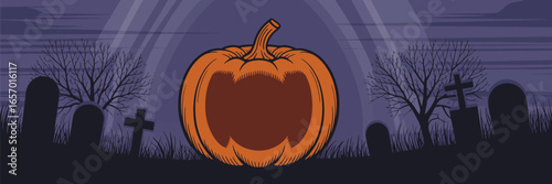 A halloween scene featuring a large pumpkin in a graveyard with tombstones and bare trees at night time