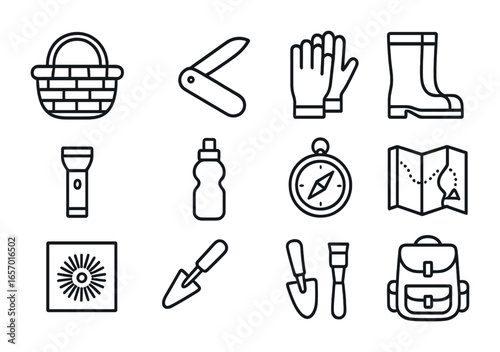 Mushroom Hunting Tools Icons. Outline icon set of mushroom picking tools: basket, pocket knife, gloves, boots,