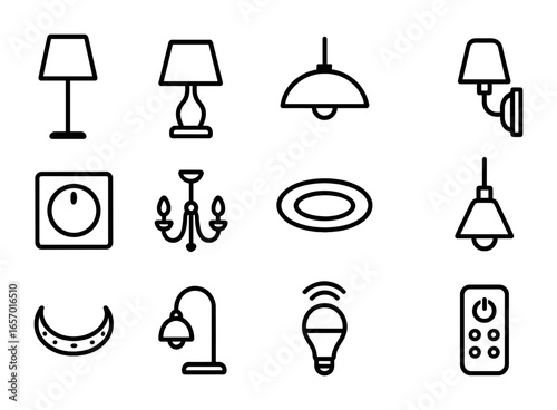 Living Room Lighting Icons. Outline icon set of living room lighting design: floor lamp, table lamp, ceiling