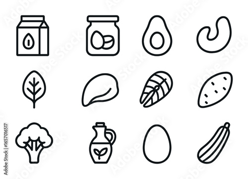Dairy-Free Foods Icons. Outline icon set of dairy-free foods: almond milk carton, coconut milk jar, avocado,