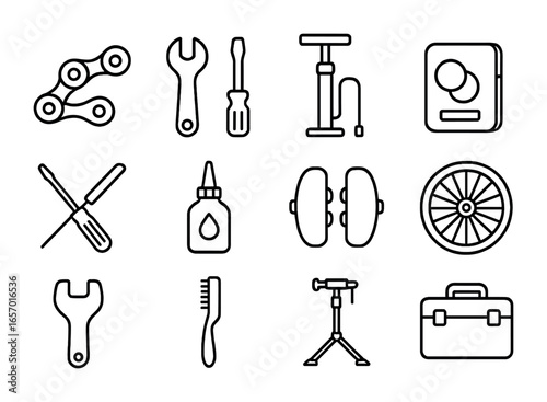 Cycling Maintenance Icons. Outline icon set of cycling maintenance: bike chain, wrench, tire pump, repair kit,