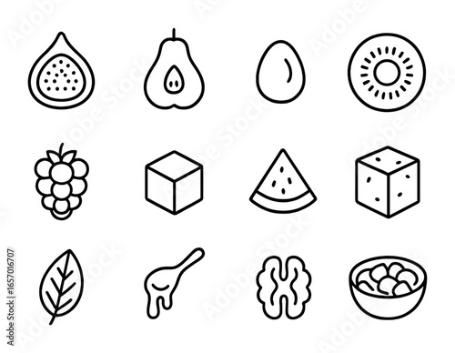 Gourmet Fruit Salad Icons. Outline icon set of gourmet fruit salads: fig slice, pear slice, pomegranate seed,