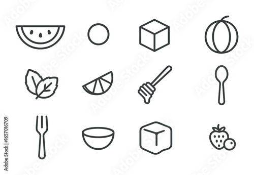 Melon Medley Icons. Outline icon set of melon medley: watermelon slice, cantaloupe ball, honeydew cube, galia