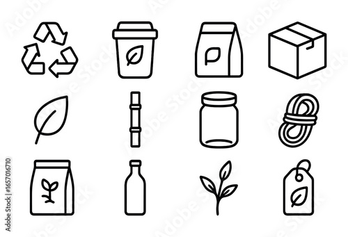 Eco Packaging Icons. Outline icon set of eco-friendly packaging icons: recycle symbol, compost bin, paper bag,